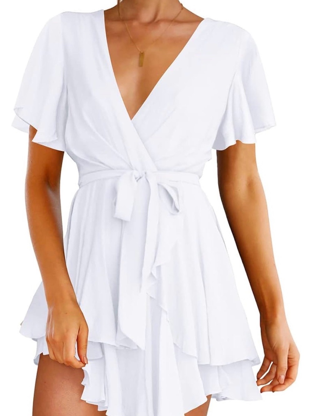 White V-Neck Wrap Mini Dress with Tie Waist